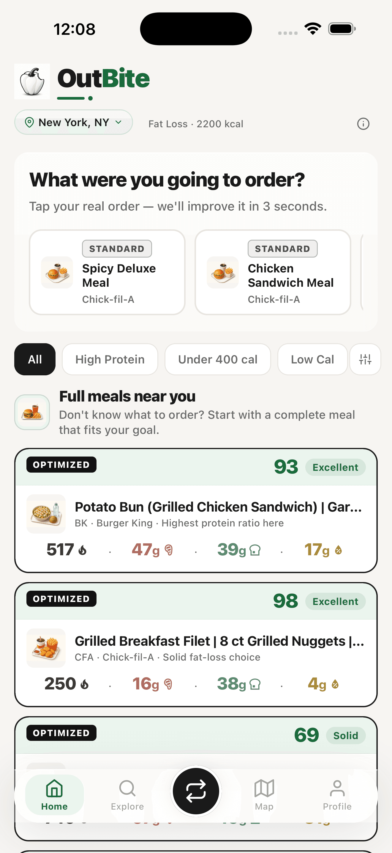 OutBite home screen showing optimized meals near you with HealthScore ratings