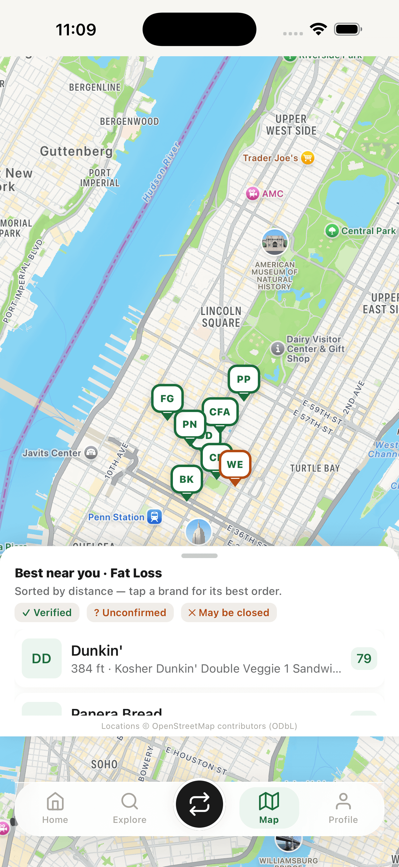 OutBite map showing best meals at nearby chains sorted by distance