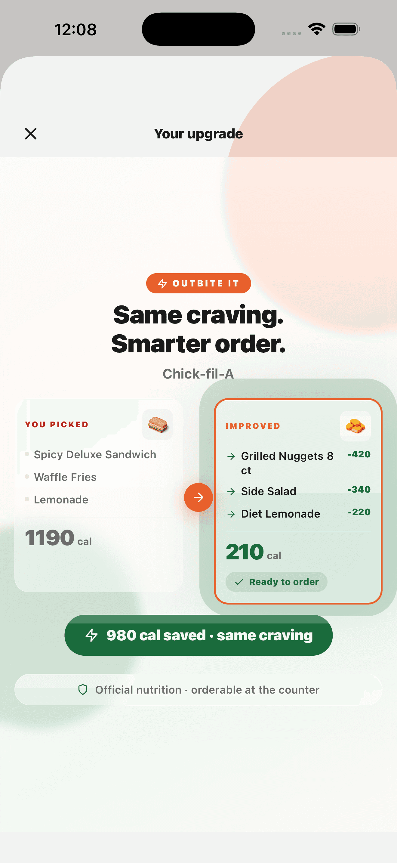 OutBite upgrade comparison showing calories saved on a Chick-fil-A order
